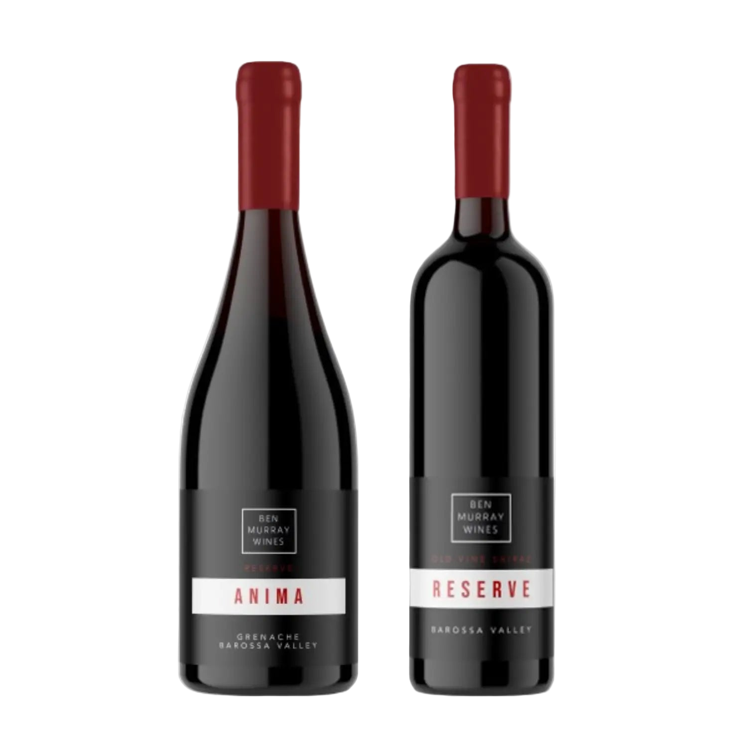 Two Ben Murray wine bottles labeled 'Anima' and 'Reserve' from Barossa Valley on a transparent background